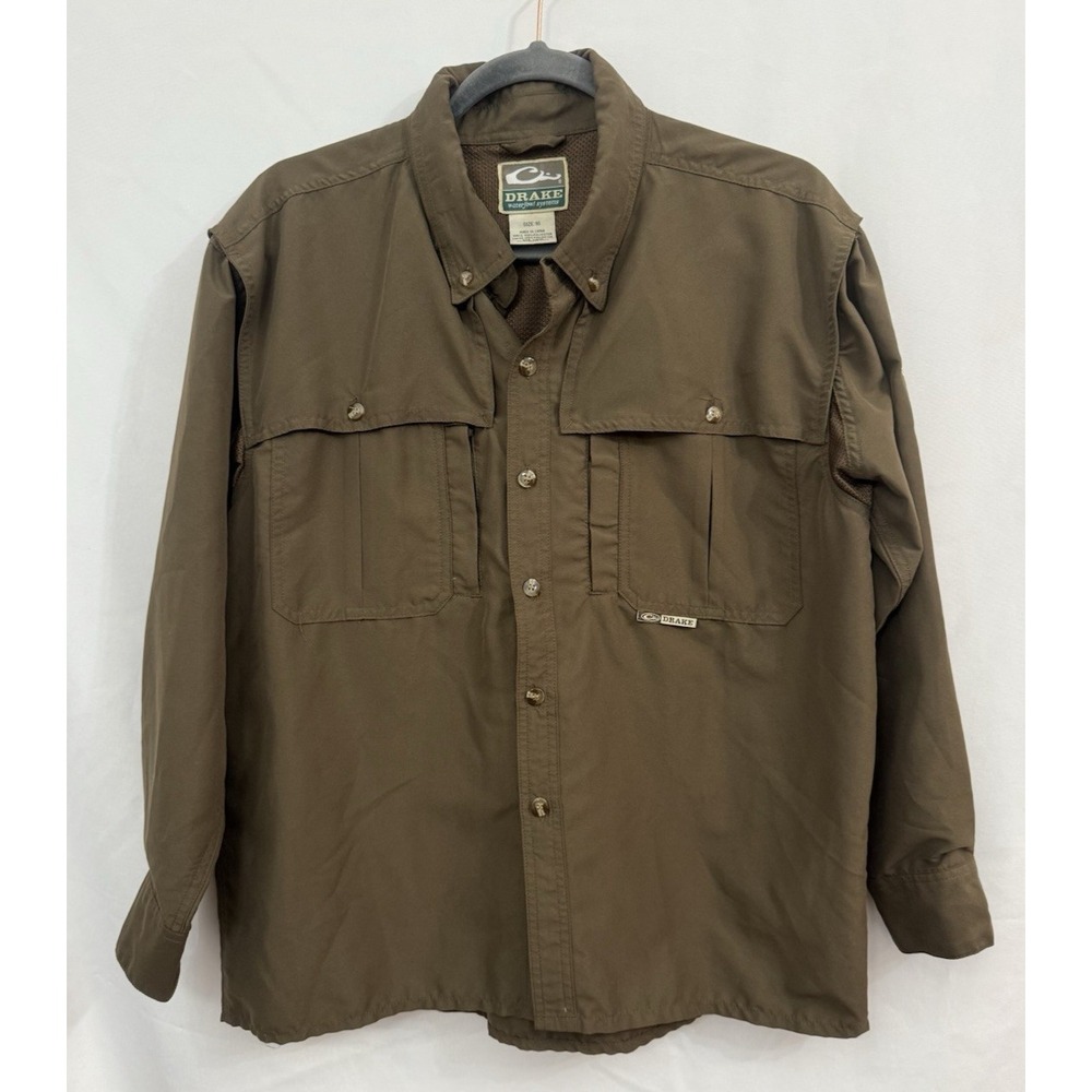 Drake Waterfowl System Vented Button Down Shirt Brown Outdoors Hiking Men Size M